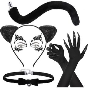 Halloween Cat Women Costume Accessories for Girls Cat Ears and Tail Headband Bell Collar Claw Gloves Face Jewels Set Cat Costumes Adult Outfit for Halloween Cosplay Party