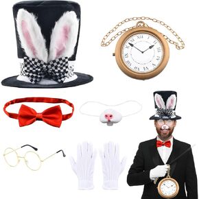 White Rabbit Costume 6Pcs Bunny Dress Up Accessories Set Rabbits Ears Plush Topper Hat Bunny Nose Rabbit Clock Glasses Bow Tie Gloves for Halloween Party Costume