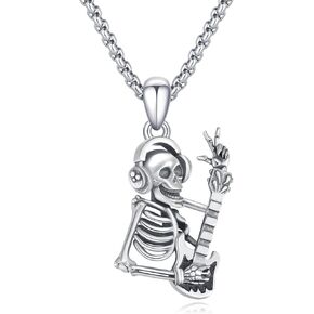 Skull Necklace for Men 925 Sterling Silver Skull Guitar Pendant Necklace Gothic Necklace for Men Gothic Rock Necklace Punk Music Guitar Necklace Gothic Skull Jewelry for Men