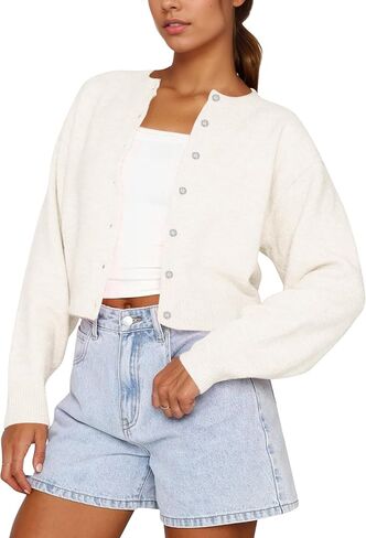 المرأة عادية مفتوحة الجبهة زر أسفل اقتصاص سترة البلوزات Y2k Crewneck كم طويل الخريف تريكو الملابس في سن المراهقة in Kuwait