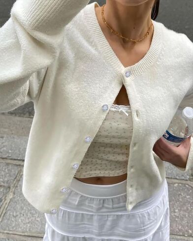 المرأة عادية مفتوحة الجبهة زر أسفل اقتصاص سترة البلوزات Y2k Crewneck كم طويل الخريف تريكو الملابس في سن المراهقة in Kuwait