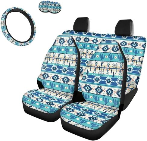 Bulopur Green Aztec Cactus Pattern 7 Pack Set Car Front & Back Seat Covers, Wheel Cover, Coaster, Full Set Decor Anti Scraping,Dustproof in Saudi Arabia