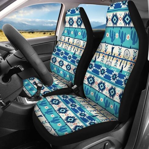Bulopur Green Aztec Cactus Pattern 7 Pack Set Car Front & Back Seat Covers, Wheel Cover, Coaster, Full Set Decor Anti Scraping,Dustproof in Saudi Arabia