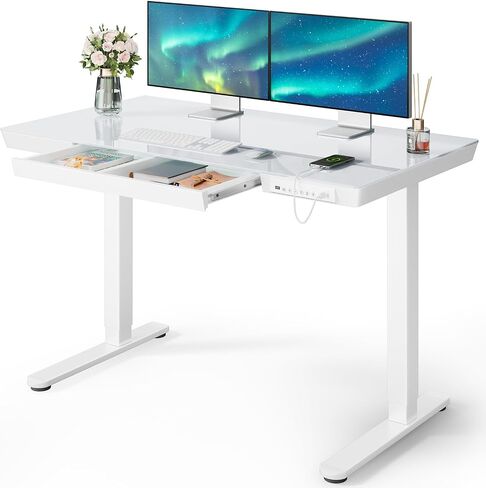 Marsail Glass Standing Desk with Drawer, 48 x 24 inch Electric Standing Desk, Height Adjustable Desk with One-Piece Tabletop & USB Charging Ports, Sit Stand Desk with Storage for Home & Office White in Saudi Arabia