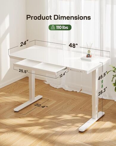 Marsail Glass Standing Desk with Drawer, 48 x 24 inch Electric Standing Desk, Height Adjustable Desk with One-Piece Tabletop & USB Charging Ports, Sit Stand Desk with Storage for Home & Office White in Saudi Arabia