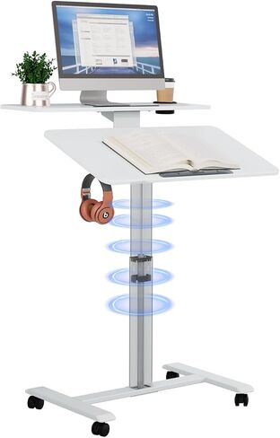 90° Flip Rolling Desk Adjustable Height,2 Tier Laptop Cart with Lockable Wheels,Rolling Laptop Desk with Cup Holder and Flaps,Mobile Standing Desk for Home,Office,School and Hospital (White) in Saudi Arabia