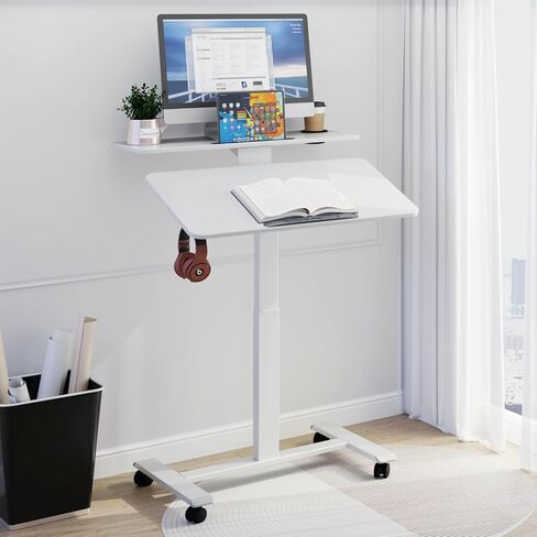 90° Flip Rolling Desk Adjustable Height,2 Tier Laptop Cart with Lockable Wheels,Rolling Laptop Desk with Cup Holder and Flaps,Mobile Standing Desk for Home,Office,School and Hospital (White) in Saudi Arabia