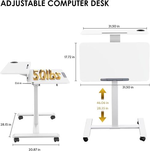 90° Flip Rolling Desk Adjustable Height,2 Tier Laptop Cart with Lockable Wheels,Rolling Laptop Desk with Cup Holder and Flaps,Mobile Standing Desk for Home,Office,School and Hospital (White) in Saudi Arabia