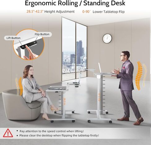 90° Flip Rolling Desk Adjustable Height,2 Tier Laptop Cart with Lockable Wheels,Rolling Laptop Desk with Cup Holder and Flaps,Mobile Standing Desk for Home,Office,School and Hospital (White) in Saudi Arabia