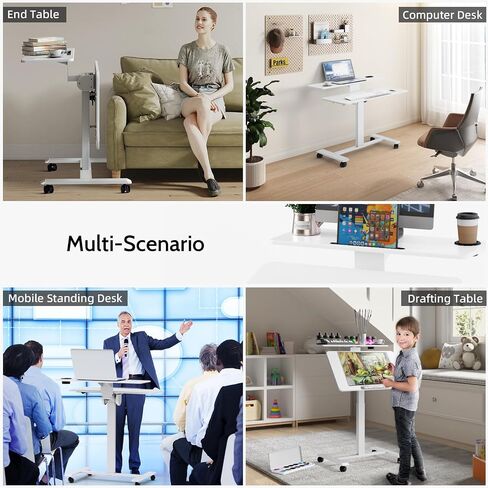 90° Flip Rolling Desk Adjustable Height,2 Tier Laptop Cart with Lockable Wheels,Rolling Laptop Desk with Cup Holder and Flaps,Mobile Standing Desk for Home,Office,School and Hospital (White) in Saudi Arabia