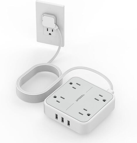 قطاع الطاقة الواقي من زيادة التيار، سلك تمديد TESSAN بطول 10 أقدام مع 3 شاحن حائط USB A، قابس مسطح رفيع للغاية مع 4 منافذ، محطة شحن سطح المكتب رفيعة للمكتب والمدرسة والمنزل وأساسيات غرفة النوم in Kuwait