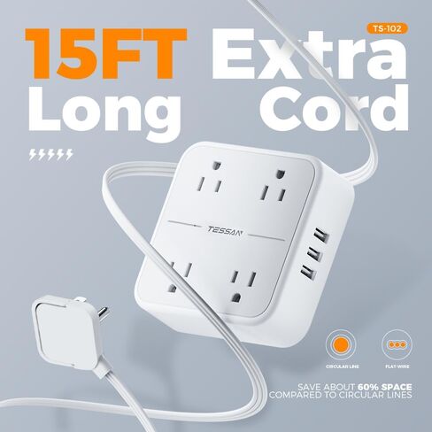 قطاع الطاقة الواقي من زيادة التيار، سلك تمديد TESSAN بطول 10 أقدام مع 3 شاحن حائط USB A، قابس مسطح رفيع للغاية مع 4 منافذ، محطة شحن سطح المكتب رفيعة للمكتب والمدرسة والمنزل وأساسيات غرفة النوم in Kuwait
