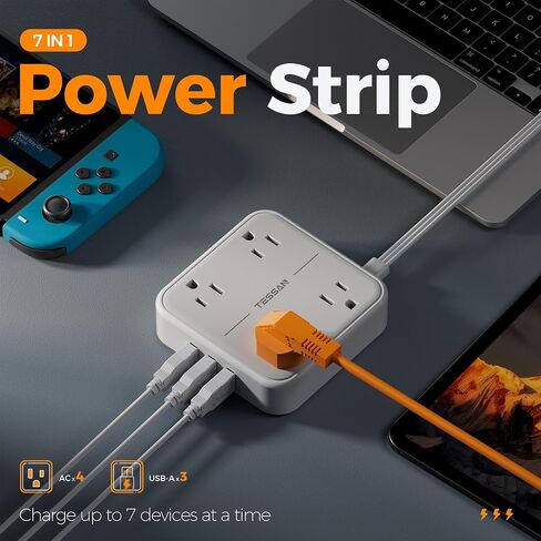 قطاع الطاقة الواقي من زيادة التيار، سلك تمديد TESSAN بطول 10 أقدام مع 3 شاحن حائط USB A، قابس مسطح رفيع للغاية مع 4 منافذ، محطة شحن سطح المكتب رفيعة للمكتب والمدرسة والمنزل وأساسيات غرفة النوم in Kuwait