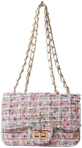 Women's Tweed Plaid Square Bag, Large Capacity Quilted Woven Embroidered Shoulder Bag, Ladies Woolen Handbag Clutch Tote in Saudi Arabia