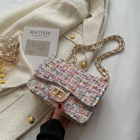 Women's Tweed Plaid Square Bag, Large Capacity Quilted Woven Embroidered Shoulder Bag, Ladies Woolen Handbag Clutch Tote in Saudi Arabia