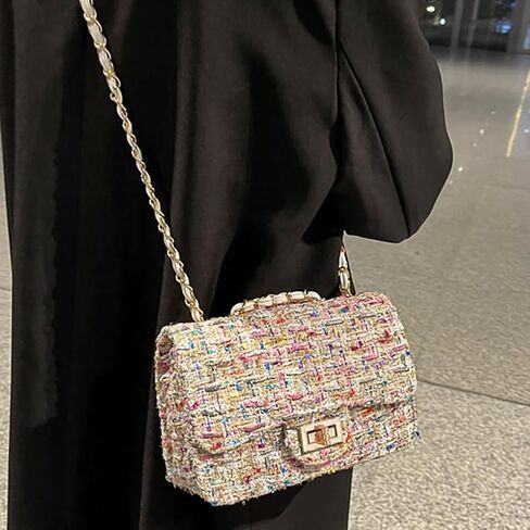 Women's Tweed Plaid Square Bag, Large Capacity Quilted Woven Embroidered Shoulder Bag, Ladies Woolen Handbag Clutch Tote in Saudi Arabia