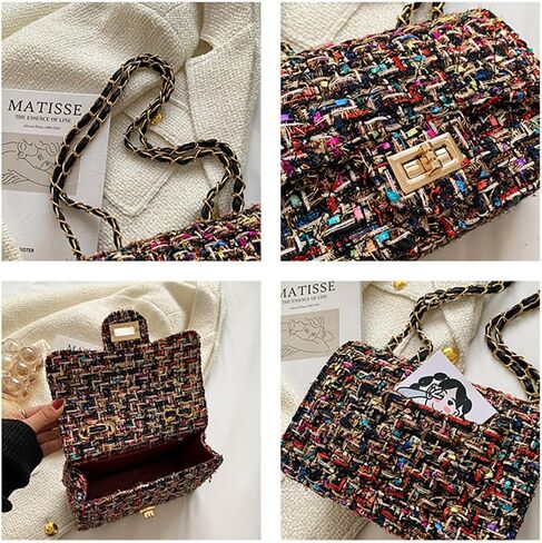 Women's Tweed Plaid Square Bag, Large Capacity Quilted Woven Embroidered Shoulder Bag, Ladies Woolen Handbag Clutch Tote in Saudi Arabia