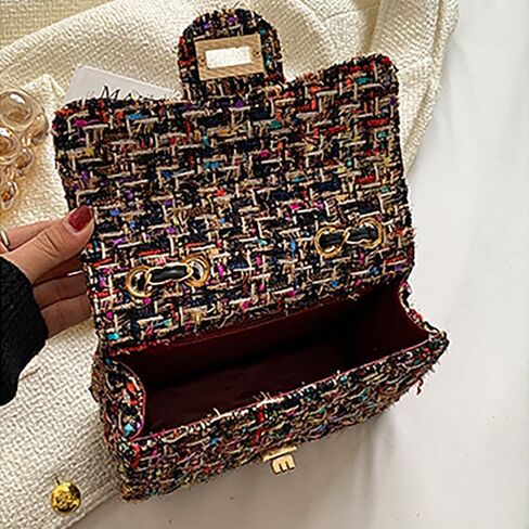 Women's Tweed Plaid Square Bag, Large Capacity Quilted Woven Embroidered Shoulder Bag, Ladies Woolen Handbag Clutch Tote in Saudi Arabia