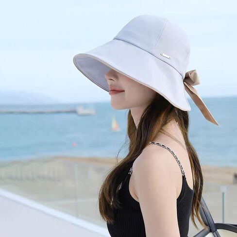 Wide Brim Hats for Woman Foldable Hats Sun Hats for Women uv Protection Bowknot Bucket hat Adjustable hat with Ponytail Hole in Kuwait
