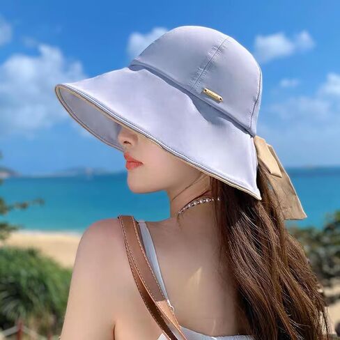 Wide Brim Hats for Woman Foldable Hats Sun Hats for Women uv Protection Bowknot Bucket hat Adjustable hat with Ponytail Hole in Kuwait