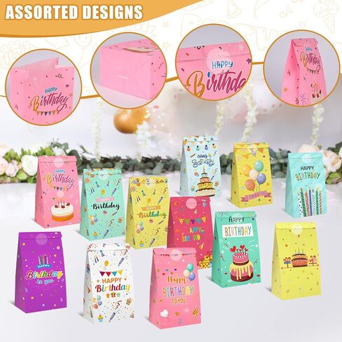 Shindel Party Favor Bags, 54PCS Happy Birthday Treat Bags, Birthday Bags For Kids, 4.7" x 3.1" x 8.7" 12 Designs Colored Paper Bags Goodie Bags for Birthday Party Kids in Saudi Arabia