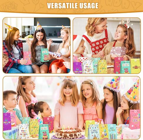 Shindel Party Favor Bags, 54PCS Happy Birthday Treat Bags, Birthday Bags For Kids, 4.7" x 3.1" x 8.7" 12 Designs Colored Paper Bags Goodie Bags for Birthday Party Kids in Saudi Arabia