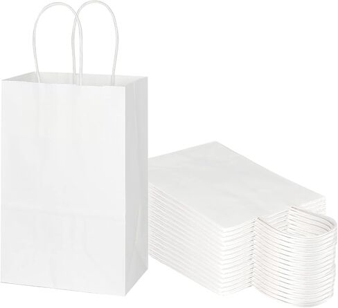 Toovip 25 Pack 5.25x3.25x8.25 Inch Small White Kraft Paper Bags with Handles Bulk, Gift Wrap Bags for Favor Grocery Retail Party Birthday Shopping Business Goody Craft Merchandise Take Out Cub Bags in Saudi Arabia