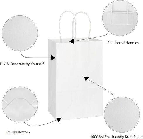 Toovip 25 Pack 5.25x3.25x8.25 Inch Small White Kraft Paper Bags with Handles Bulk, Gift Wrap Bags for Favor Grocery Retail Party Birthday Shopping Business Goody Craft Merchandise Take Out Cub Bags in Saudi Arabia