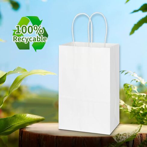 Toovip 25 Pack 5.25x3.25x8.25 Inch Small White Kraft Paper Bags with Handles Bulk, Gift Wrap Bags for Favor Grocery Retail Party Birthday Shopping Business Goody Craft Merchandise Take Out Cub Bags in Saudi Arabia