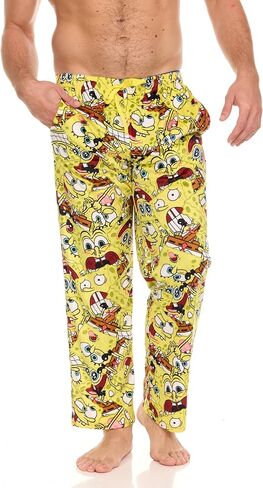 بنطلون بيجامة رجالي مطبوع بالكامل من COCO BRANDS SpongeBob مع حزام خصر مرن قابل للتعديل - ملابس نوم من الصوف الحريري in Kuwait