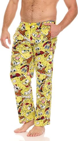 بنطلون بيجامة رجالي مطبوع بالكامل من COCO BRANDS SpongeBob مع حزام خصر مرن قابل للتعديل - ملابس نوم من الصوف الحريري in Kuwait