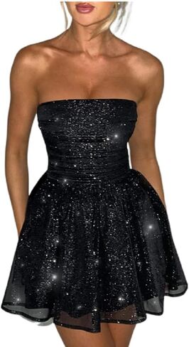 AIBEARTY Women's Sexy Glitter Off Shoulder Mini Dress Shiny Strapless Pleated A Line Dress for Party Club in Kuwait