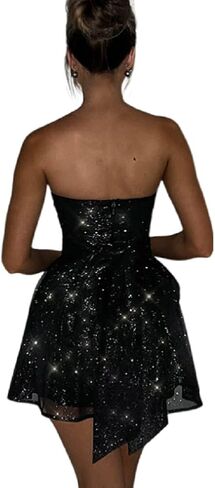 AIBEARTY Women's Sexy Glitter Off Shoulder Mini Dress Shiny Strapless Pleated A Line Dress for Party Club in Kuwait