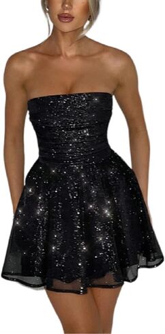 AIBEARTY Women's Sexy Glitter Off Shoulder Mini Dress Shiny Strapless Pleated A Line Dress for Party Club in Kuwait