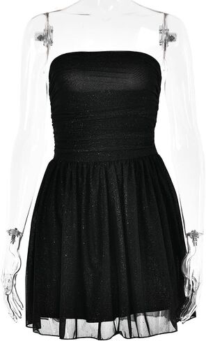 AIBEARTY Women's Sexy Glitter Off Shoulder Mini Dress Shiny Strapless Pleated A Line Dress for Party Club in Kuwait
