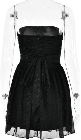 AIBEARTY Women's Sexy Glitter Off Shoulder Mini Dress Shiny Strapless Pleated A Line Dress for Party Club in Kuwait