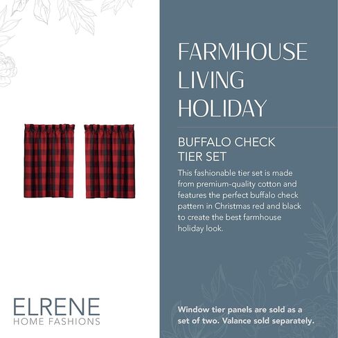 مجموعة ستائر نافذة من Elrene Home Fashions Farmhouse Living Holiday، مقاس 30 بوصة × 36 بوصة، أحمر/أسود in Kuwait