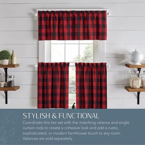 مجموعة ستائر نافذة من Elrene Home Fashions Farmhouse Living Holiday، مقاس 30 بوصة × 36 بوصة، أحمر/أسود in Kuwait