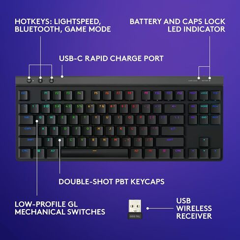 Logitech G515 TKL Wired Low Profile Gaming Keyboard, Fully Customizable RGB, Double-Shot PBT Keycaps, Tactile/Brown Switches - Black in Saudi Arabia