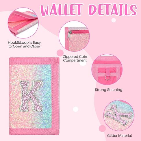 Girls Wallet for Kids, Little Girl Glitter Trifold Wallet with Hook&Loop, Kids Initial Wallets Purse with Coin Pocket, Teen Girl Wallet for Ages 3-14 Christmas Birthday Gifts (Rainbow, B) in Kuwait