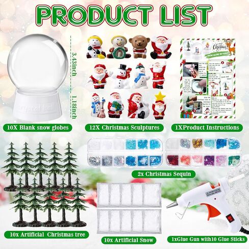 Soaoo 10 Sets Christmas Snow Globe Making Kit, Include 10 DIY Snow Globe Glue Gun with Glue Stick 12 Resin Christmas Ornaments 10 Christmas Trees 10 Fake Snow 2 Snow Glitter for in Kuwait