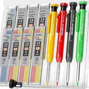 Nicpro Carpenter Pencil with Sharpener, Mechanical Pencils Set with 26 Refills, Deep Hole Marker for Construction, Heavy Duty Woodworking Pencils for Architect (Black, Red) - With Case