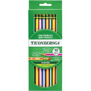 Ticonderoga X13910 Striped Wood-Cased Pencils, 2 HB Soft, Pre-Sharpened, 10 Count, Assorted Colors