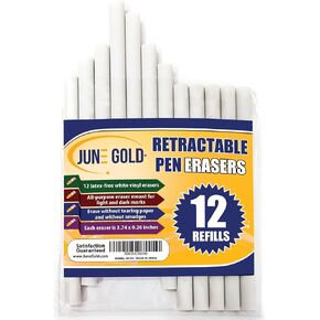 June Gold 12 Pack of Retractable Pen Eraser Stick Refills - Latex-Free, White Vinyl, & Precision Erasing