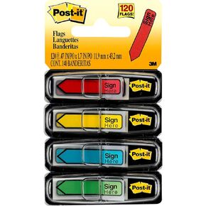 Post-it Message "Sign Here" Flags, 30/Dispenser, 4 Dispensers/Pack, .47 in Wide, Assorted Colors (684-SH)