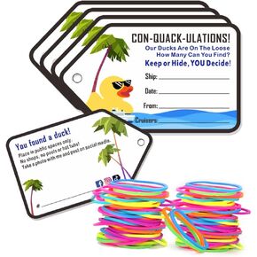 Duck Duck Tags, Cruising Rubber Duck Tag, Ducking Game Cards, 35 Pack, 2.2 x 3.5 Inches, with Hole and 35 Rubber Bands