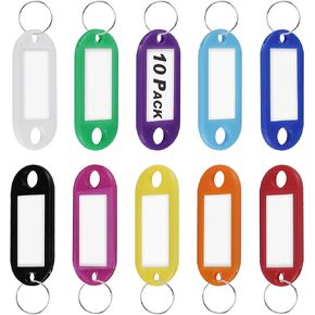 Key Tags, Key Labels, 10 Pack Plastic Key Tags with Ring and Label Window, Key Chain ID Tags/Identifiers for Name, Luggage, Bags, Backpack, 10 Colors