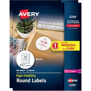 Avery High Visibility Printable Round Labels with Sure Feed, 2.5" Diameter, White, 300 Customizable Blank Labels Total (5294)
