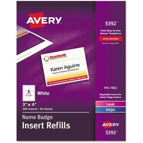 AVERY Name Badge Insert Refills, Horizontal, 3 x 4, White, 300/Box