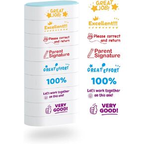 Teacher Stamps - Building Block Stamps Save Space-Motivational Encouraging Comments, Self-Inking, Classroom Supplies-Perfect for Grading, Parent Signature and Homework Reward (Color Stamp)